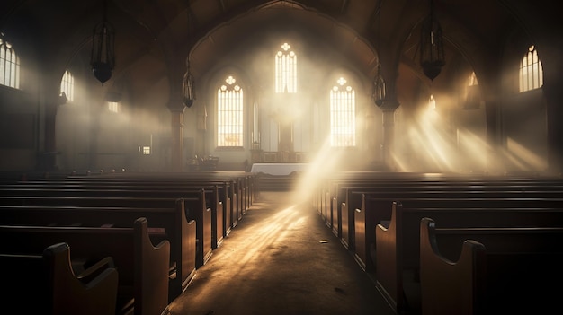 Una iglesia con el sol brillando a través de la ventana.