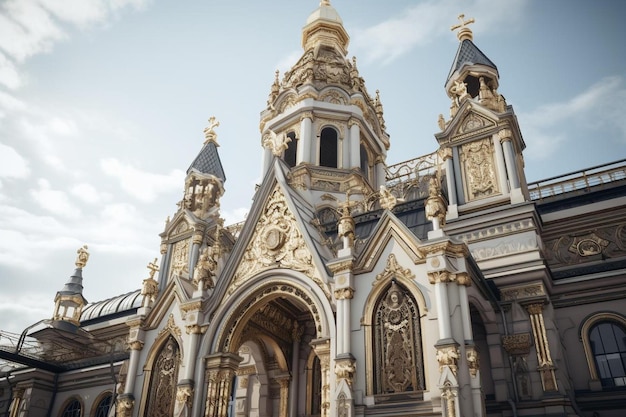 una iglesia con un techo dorado y un fondo de cielo azul