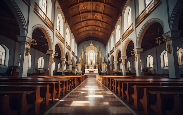 Una iglesia con techo de madera y un gran altar.