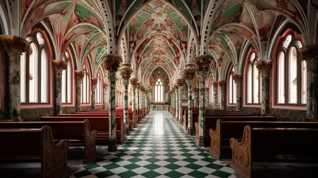 una iglesia con un techo verde y rojo con un piso verde y blanco