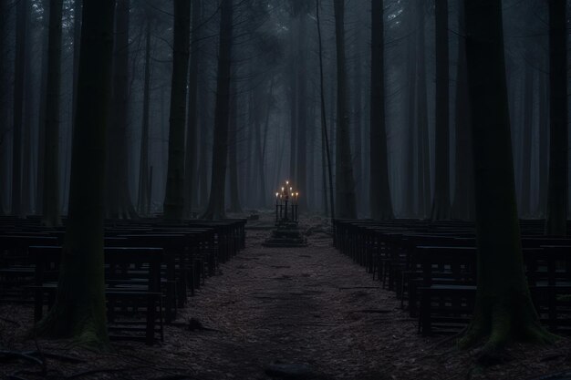 una iglesia vacía en medio de un bosque oscuro