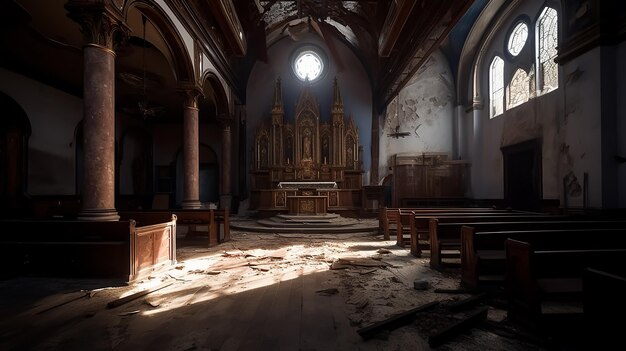 Una iglesia con una vidriera y un banco de madera en el medio