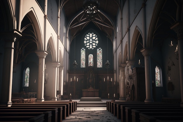 Una iglesia con una vidriera y una iglesia con una iglesia al fondo.