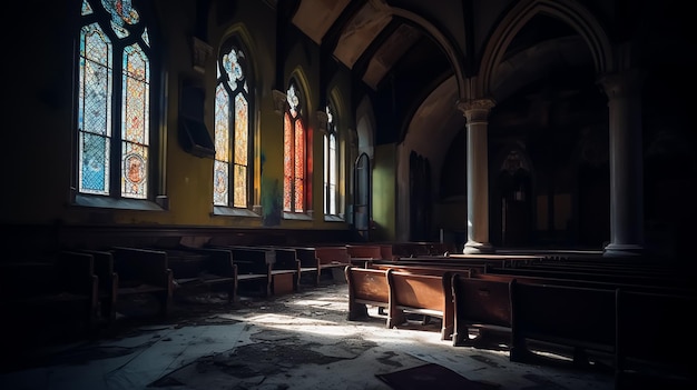 Una iglesia con una vidriera iluminada