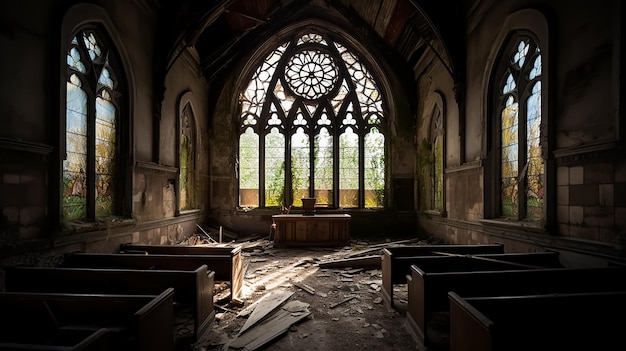 Una iglesia con una vidriera en el medio