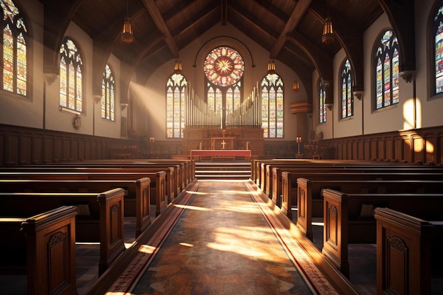 una iglesia con una vidriera y una ventana iluminada por el sol.