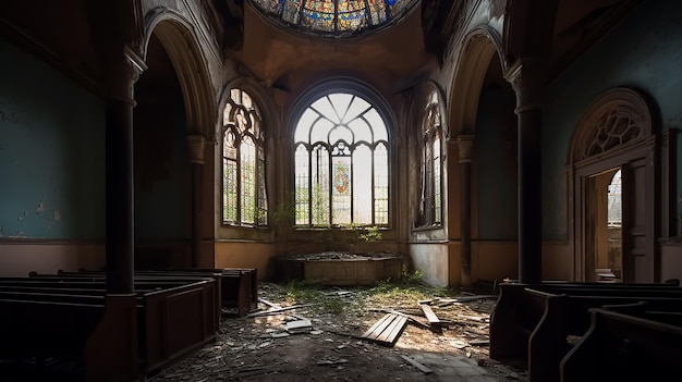 Una iglesia con una vidriera y una vidriera