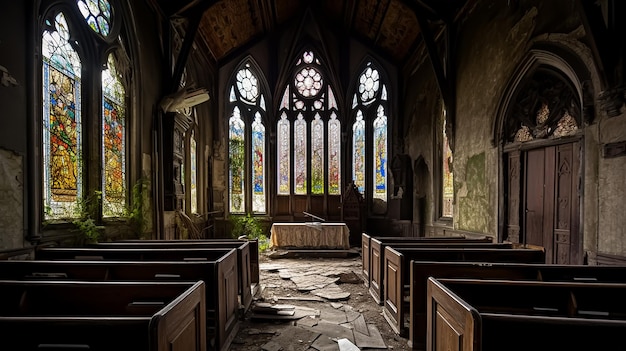 Una iglesia con una vidriera y una vidriera