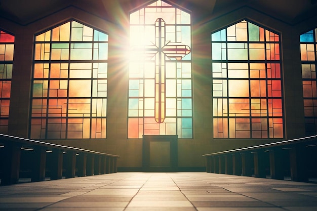 Foto iglesia con vidrieras y una cruz en la parte superior del altar.