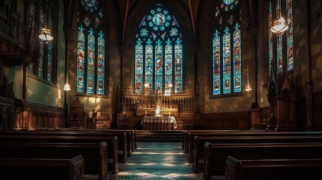 Una iglesia con un vitral y una iglesia con un gran vitral.