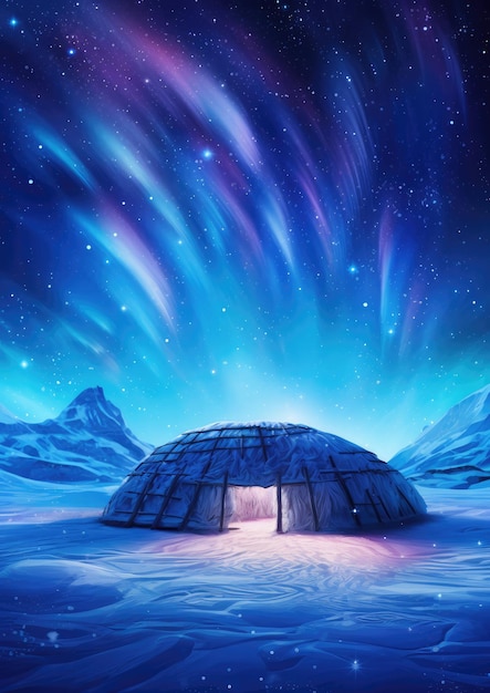 Foto igloo hotel de hielo en una llanura nevada con aurora boreal durante la noche mágica de invierno ai generativo