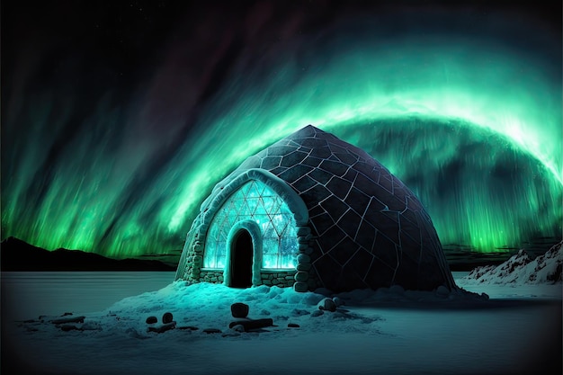 Iglu de gelo à noite com bela aurora boreal no céu noturno criado com ai generativo