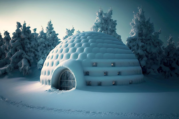 Iglu de neve redondo contra o fundo das árvores de Natal cobertas de neve no inverno