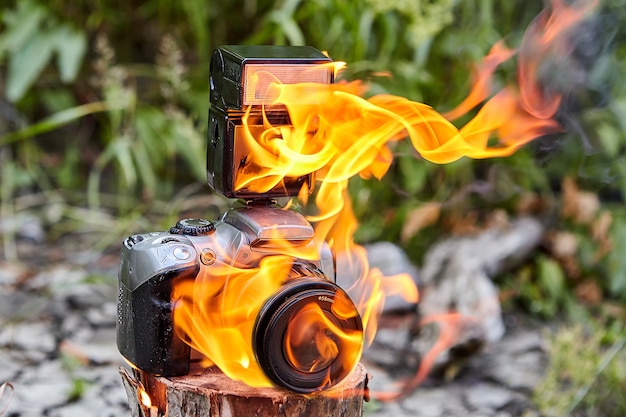 Ignição da câmera SLR digital com lente de zoom e flash eletrônico externo ou luz rápida