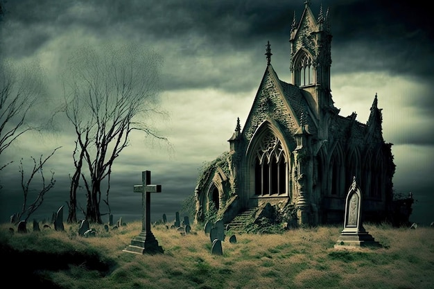 Igreja abandonada e um cemitério coberto de vegetação no pano de fundo de um céu ameaçador