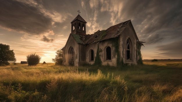 Igreja abandonada num campo ao pôr-do-sol.