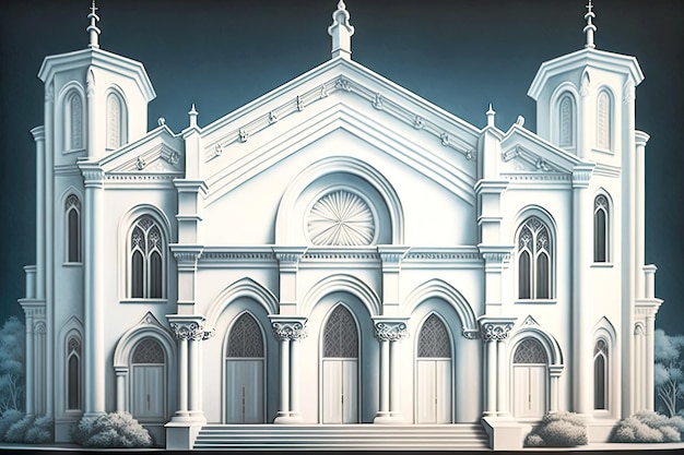 Igreja com janelas arqueadas e colunas em tinta branca