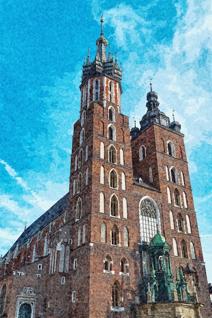 Foto igreja de santa maria na praça principal do mercado no céu dramático de fundo. basílica mariaca. cracóvia. polônia.
