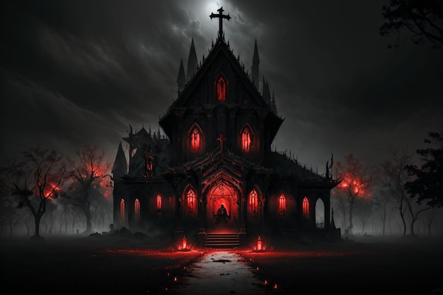 Igreja escura com luzes vermelhas à noite