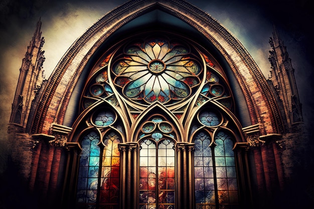 Igreja gótica com janelas arqueadas e decoração em vitrais