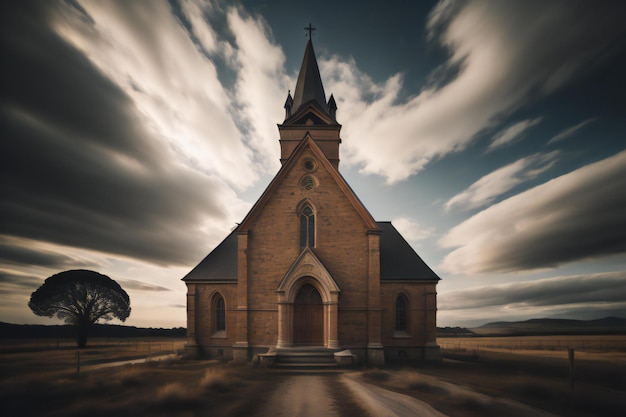 Foto igreja no meio de uma estrada rural com um céu dramático generativo ai