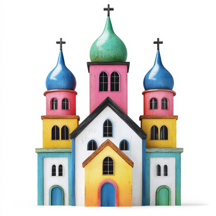 Foto igreja peculiar com torres assimétricas e paredes de cores brilhantes em um estilo surreal isolado em branco