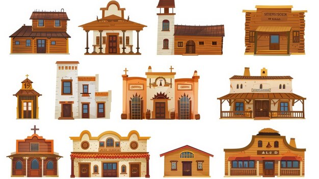 Foto igreja saloon banco xerife e loja edifícios de tijolos isolados em fundo branco estilo de design estilo de casa exterior desenho animado ilustração de arte clip moderna