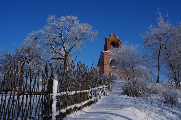 Igreja velha no inverno Árvores nevadas e atmosfera de Natal de céu azul