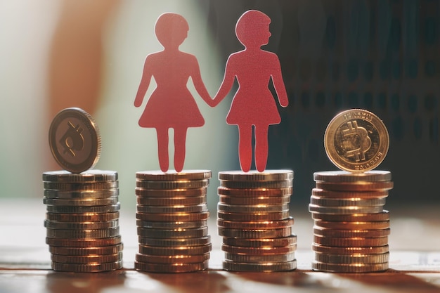 Foto igualdade salarial de gênero ilustrada com homem e mulher em moedas