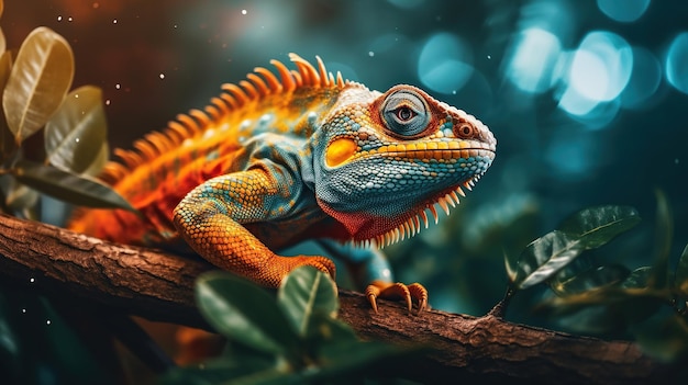 Iguana en el árbol hermosa iguana con ojos naranjas de alto contraste