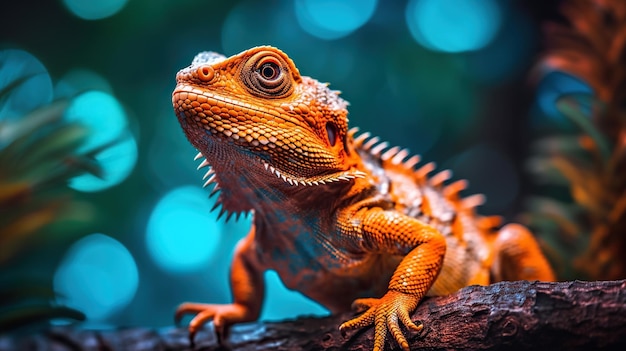 Iguana en el árbol hermosa iguana con ojos naranjas de alto contraste