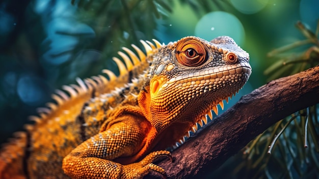 Iguana auf dem Baum Schöne Iguana mit orangefarbenen Augen mit hohem Kontrast