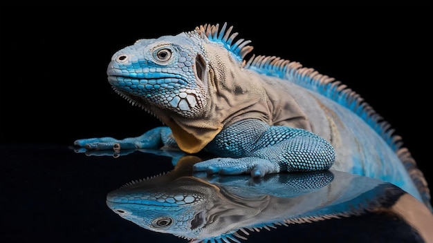 Foto iguana azul em close-up em reflexão com fundo preto iguana azul grande caimão iguana azul