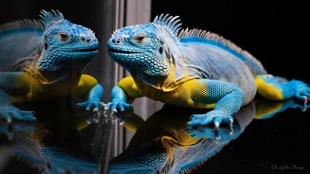 Foto iguana azul em close-up em reflexão com fundo preto iguana azul grande caimão iguana azul