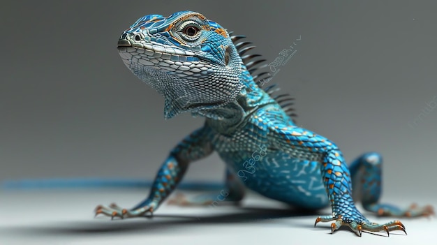 Foto una iguana azul es un reptil con escamas azules brillantes tiene una cola larga y garras afiladas está de pie en una superficie blanca y mirando a la cámara