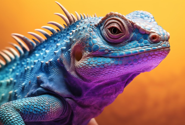 Una iguana azul con un fondo rojo.