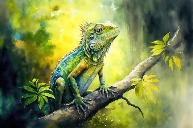 Iguana bonita em pé em uma pintura em aquarela de galho