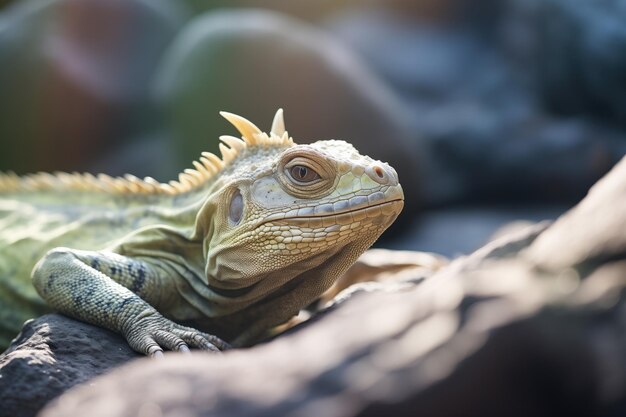 Iguana descansando à sombra de um afloramento rochoso