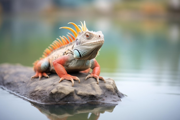 Iguana em cima de uma rocha perto da água