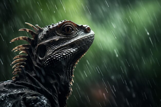 una iguana está parada bajo la lluvia