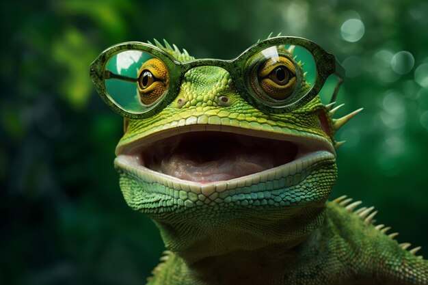 Iguana gafas de animales vida silvestre retrato verde escala lagarto reptil primer plano IA generativa