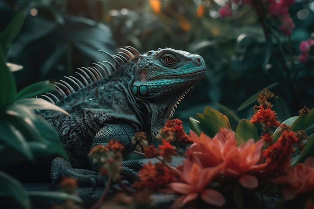 Iguana im tropischen Regenwald Eidechse im Dschungel Generative KI-Illustration