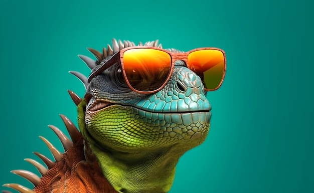 Iguana legal usando óculos de sol isolada em fundo verde sólido IA generativa