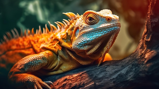 Iguana na árvore Uma linda iguana com olhos laranjas de alto contraste