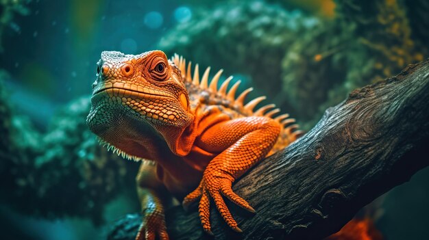 Iguana na árvore Uma linda iguana com olhos laranjas de alto contraste