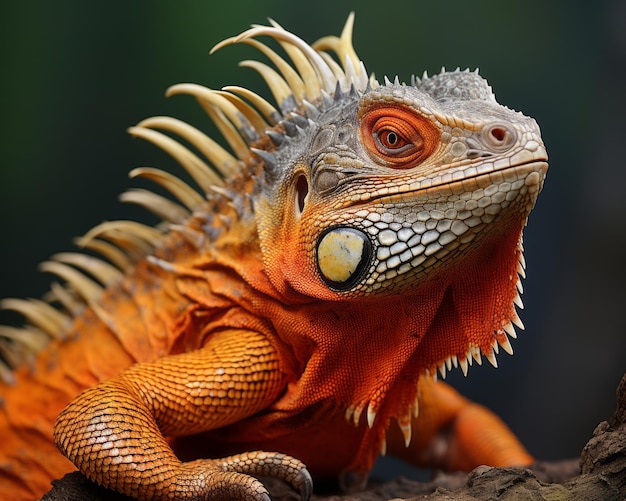 una iguana naranja está sentada en una rama