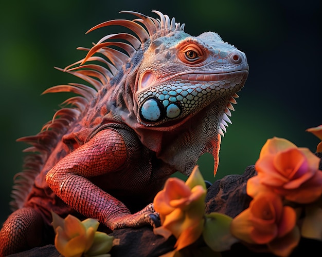 una iguana sentada en una roca con flores al fondo