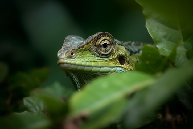 Una iguana verde se asoma desde un arbusto.