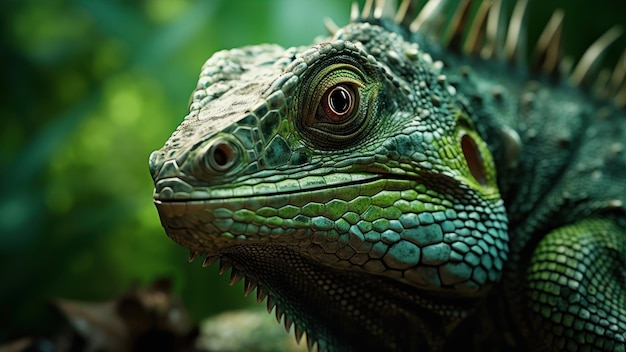 Una iguana verde con un fondo verde.