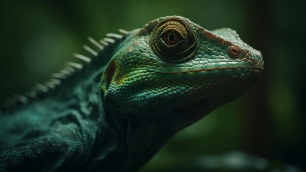 Una iguana verde con un fondo verde.